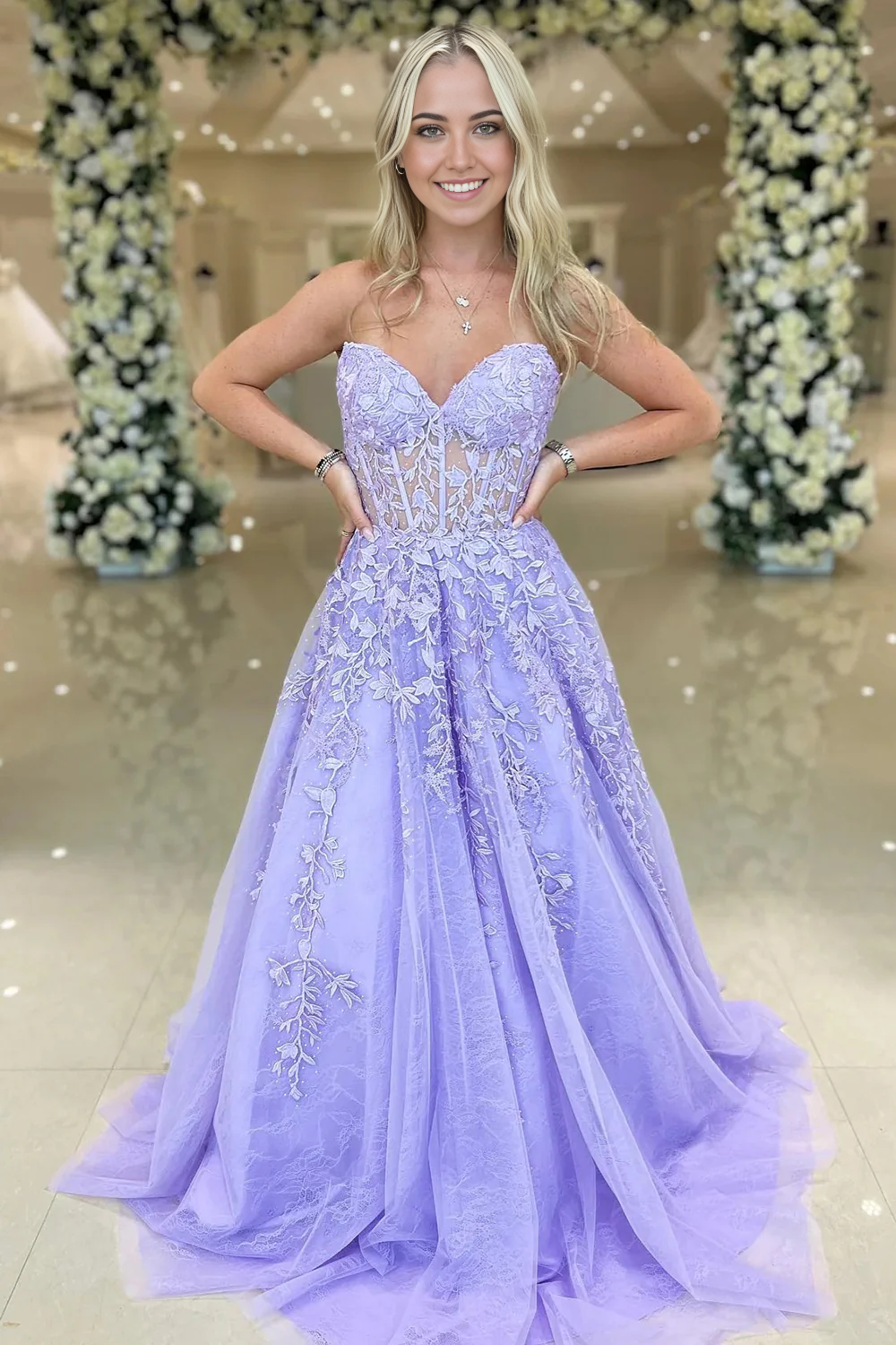 A Line Sweetheart Purple Corset formal dresses Prom Dress with Appliques